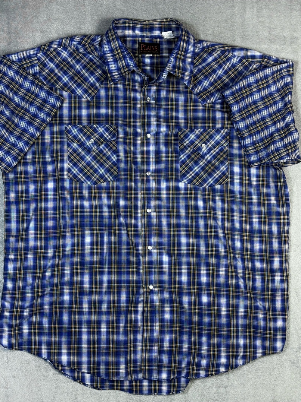 Plains Western Wear Plaid Pearl Snap Shirt XL Blue Short Sleeve America Cowboy